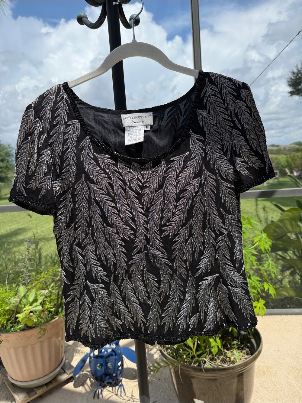 Papell Boutique silk Black Top with Silver Leaf Beaded Design
